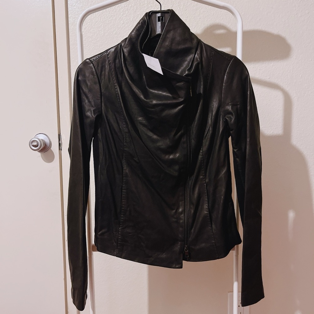 VINCE Cowl Neck Genuine Leather Jacket